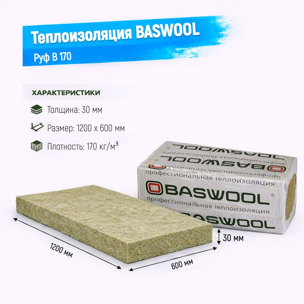 Утеплитель BASWOOL Руф В 170 базальтовая плита 1200х600х30мм