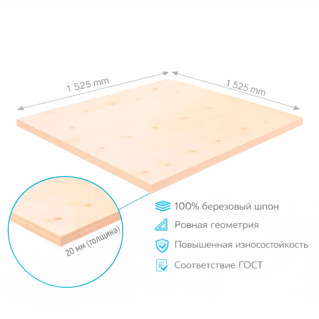 Фанера ФК 20мм 1525х1525мм сорт 4/4 нешлифованная березовая Shop