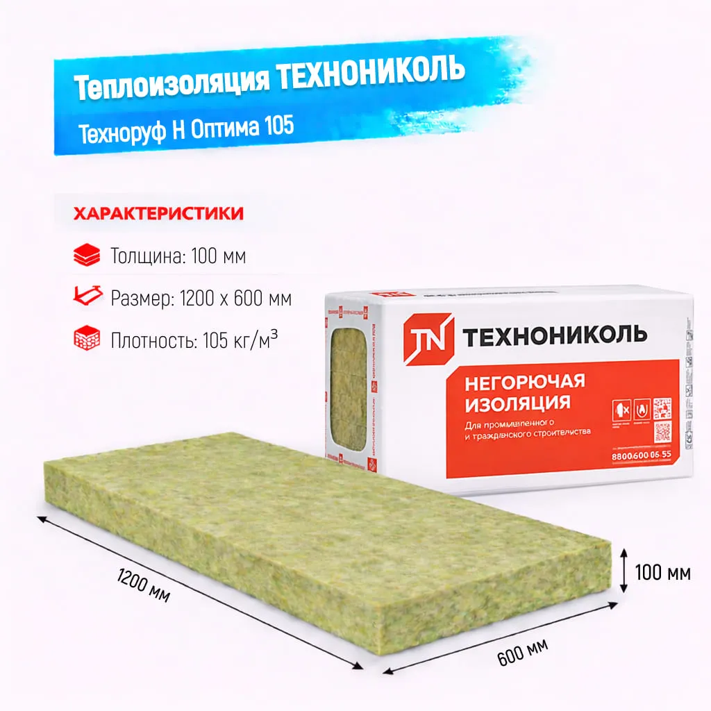 Утеплитель ТехноНИКОЛЬ Техноруф Н Оптима плита 105 100 мм 1200х600 мм минеральный (базальтовый)