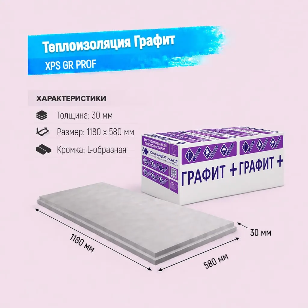 Пенополистирол экструдированный 30мм 1180х580мм ГРАФИТ XPS GP PROF