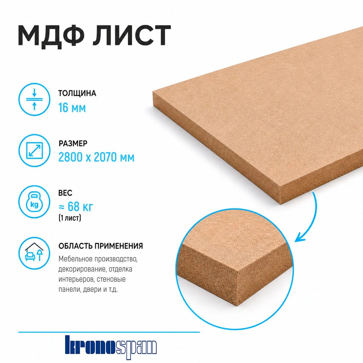 Плита МДФ Kronospan шлифованная 16мм 2800х2070 мм 1 сорт Kronospan