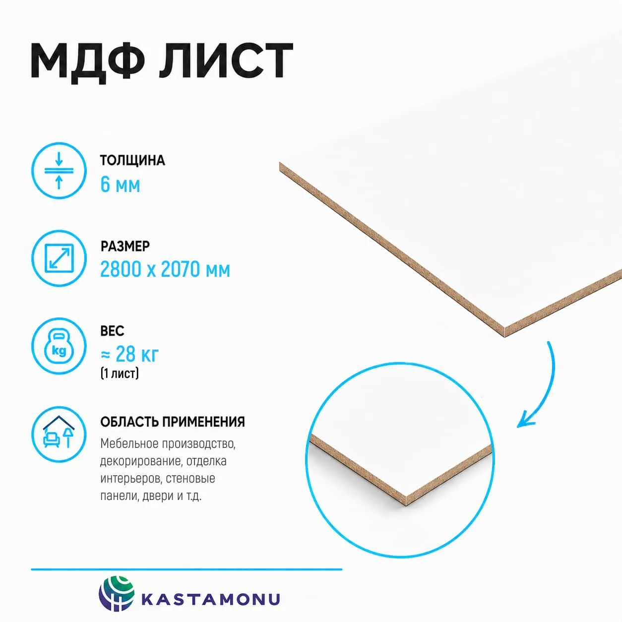 Плита МДФ Kastamonu FM ламинированная 6мм 2800х2070 мм Белый