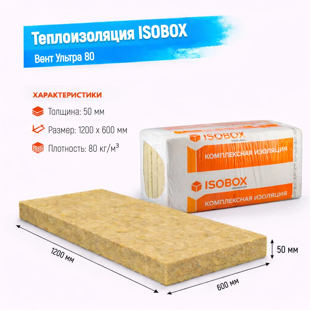 Утеплитель ISOBOX Вент 80 базальтовая плита 1200х600х50мм