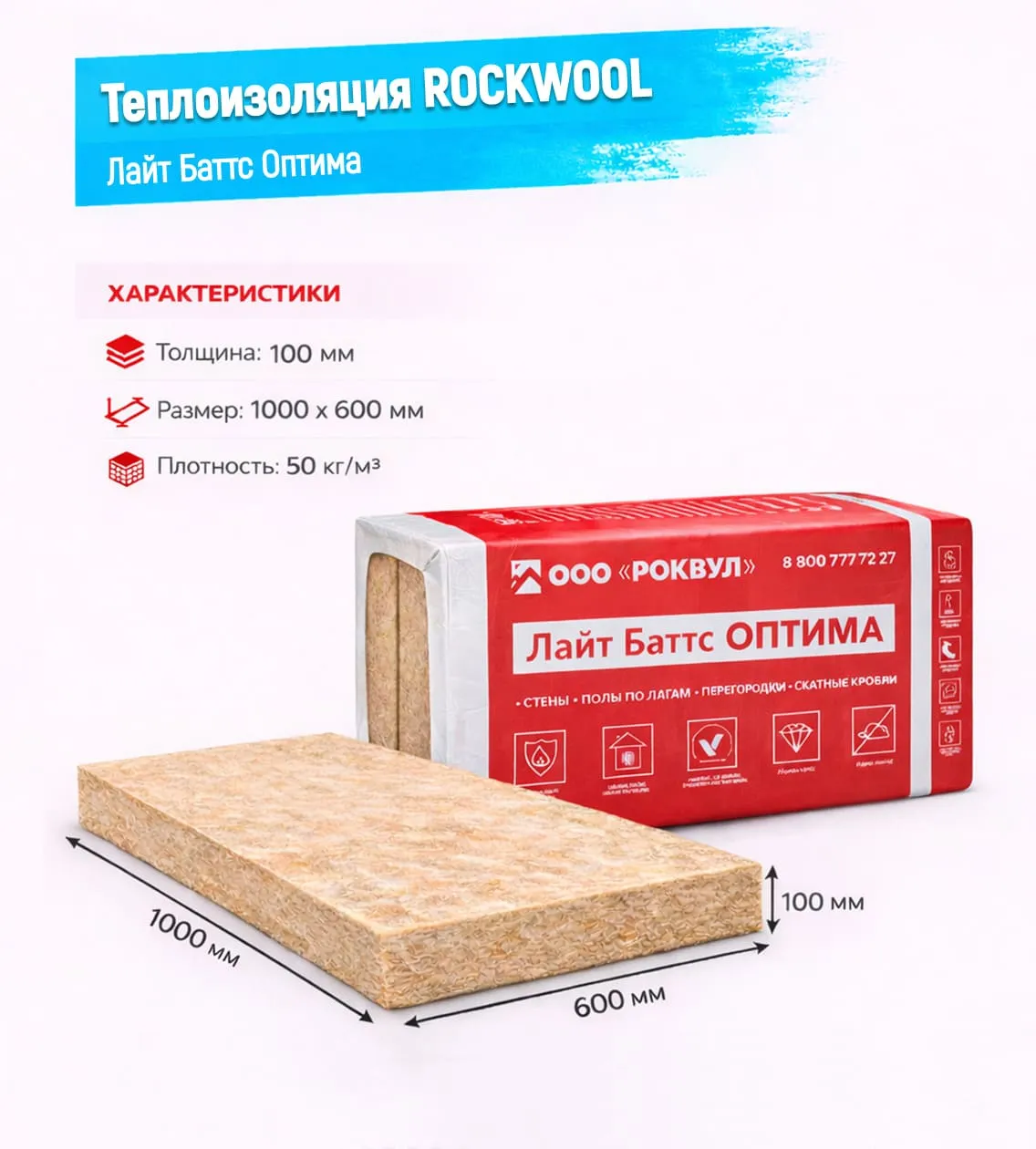 Утеплитель Rockwool Лайт Баттс Оптима базальтовая плита 1000х600х100мм
