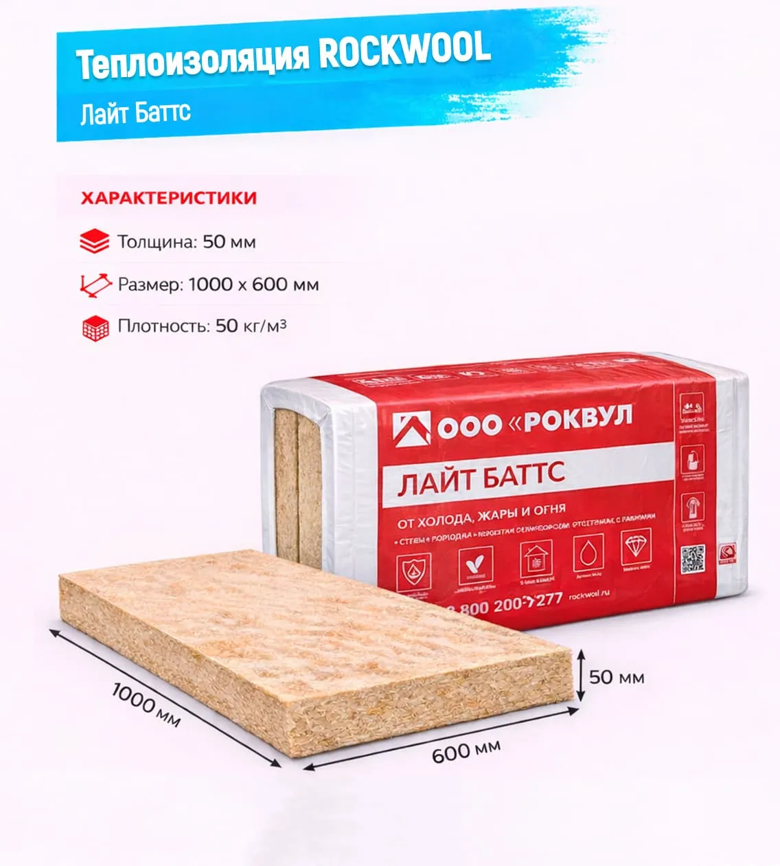 Утеплитель Rockwool Лайт Баттс базальтовая плита 1000х600х50мм